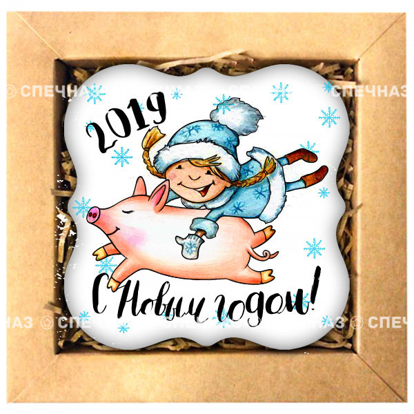 Печенье &quot;Снегурочка 2019&quot; Кусайды - хрустящее песочное печенье, покрытое шоколадной глазурью, с нанесенным изображением.