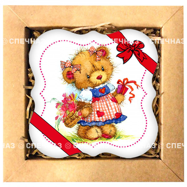 Набор печенья &quot;Мишутка с корзиной цветов&quot; Кусайды - хрустящее песочное печенье, покрытое шоколадной глазурью, с нанесенным изображением.