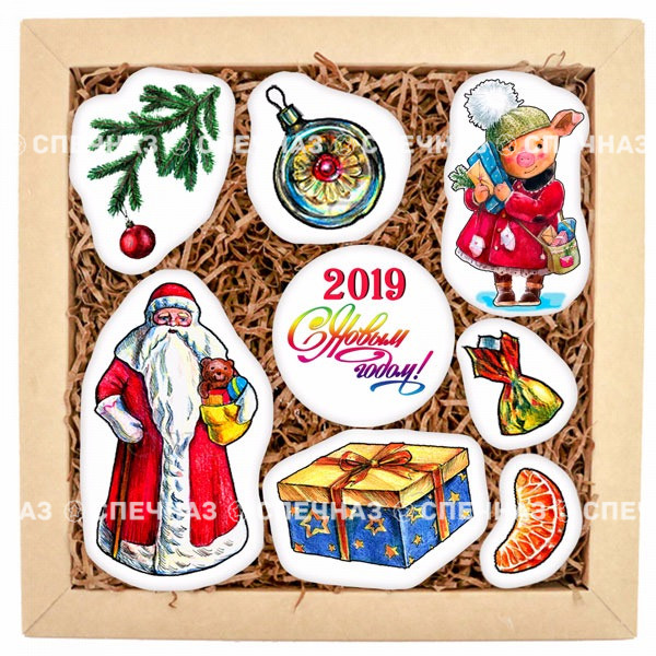 Набор печенья &quot;Дед Мороз&quot; Кусайды - хрустящее песочное печенье, покрытое шоколадной глазурью, с нанесенным изображением.