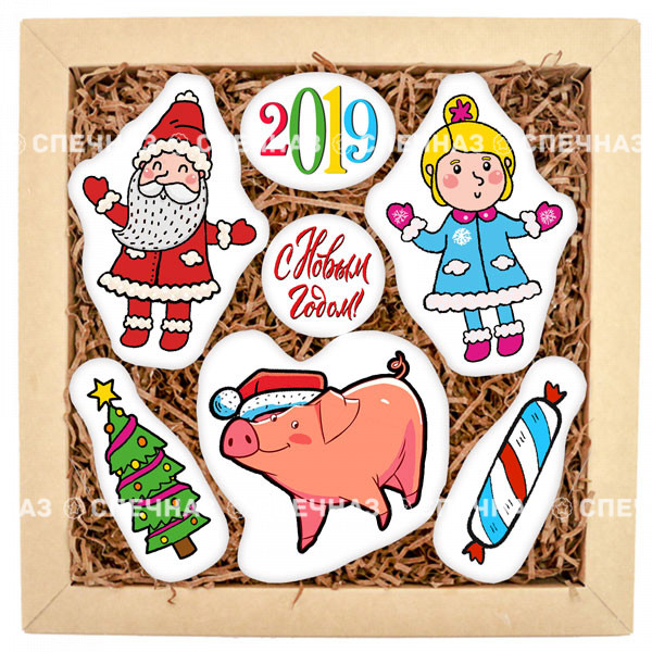 Набор печенья &quot;Хрюн 2019&quot; Кусайды - хрустящее песочное печенье, покрытое шоколадной глазурью, с нанесенным изображением.