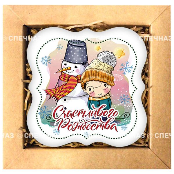 Набор печенья "Открытка на Рождество 2" Кусайды - хрустящее песочное печенье, покрытое шоколадной глазурью, с нанесенным изображением.