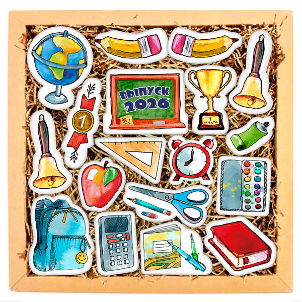 Печенье в подарок учителям и школьникам Набор печенья "Вперед к знаниям!" 34Ш001 Кусайды - хрустящее песочное печенье, покрытое шоколадной глазурью, с нанесенным изображением.